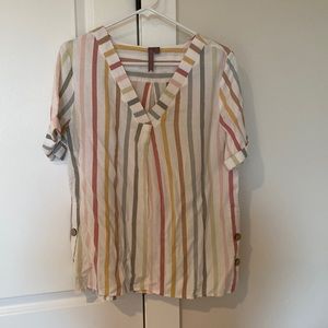 Rainbow stripe v neck blouse with wooden button details on sides